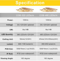 FCOB Tira De Luz LED COB 320/480 LEDs/m 16.4ft UL Listada Alta Densidad Flexible 3000/4000K RA90 Luces DC12V 24V Para El Hogar - details 3