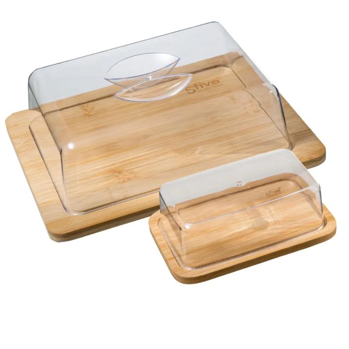 XOCOTŌ® 2pzs Juego de Quesera y Mantequillera Rectangular de Bambú  Accesorio de Presentación para Tapas de Alta gama - Tapa de PS, Bandeja de bambú - XOCOTŌ®