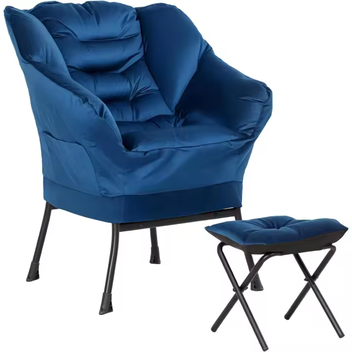 Sillón de Salón con Reposapiés Sillón de Relax Butaca para Dormitorio con Bolsillos Laterales y Patas de Acero para Sala de Estar Azul Oscuro - 1
