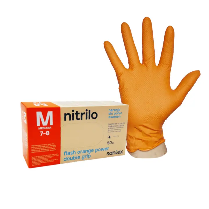 Santex Guantes de nitrilo naranja diamantado sin polvo. 8.5gr. Resistencia superior y calidad excepcional. Tallas M y XL. (50 Unidades) - 1