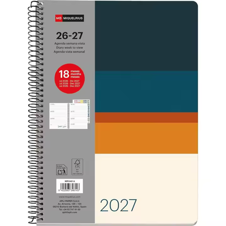Miquelrius MR34614 Agenda escolar 18 meses semana vista de julio 2026 a diciembre 2027, Tamaño A5+ (15,5×21,3 cm), Dos páginas stickers, Espiral metálico, Cubierta rígida cartón, Español-EN-PT, Sunset - 1