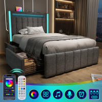 Cama tapizada Función de carga USB type C Iluminación LED Y 2 cajones, Cama Juvenil 90x200 cm Cama individual Cama de almacenamiento Somier, somier de lámparas de Madera, gris (sin colchón). - details 7