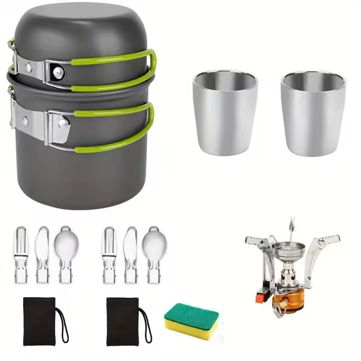BOPORO Kit de Cocina para Acampar de Acero Inoxidable con Mini Estufa - Ideal para Senderismo y Camping - 1