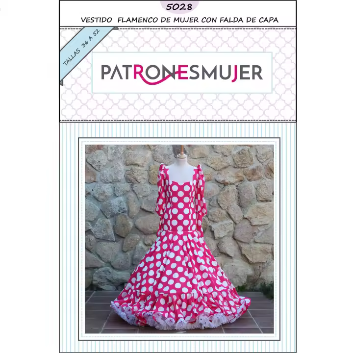 PATRONESMUJER-Patrón de costura vestido flamenco de mujer con falda de capa. Instrucciones para hacerlo tú misma. Tutorial en vídeo para ayudarte a realizarlo. Talla 36 a la 52. Patrón multitalla en papel. - 1