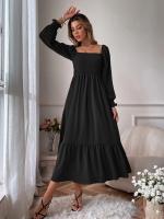 Vestido De Mujer Para Primavera/Verano Con Cuello Cuadrado Y Mangas Largas Ajustado En Cintura Con Volantes Y Corte Flared - details 13