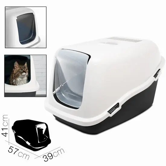 COTTECOTA-Arenero para Gatos Grande 57 x 39 x H 35 cm Material de Plástico Resistente, Diseño Moderno y Elegante, Cubierta Desmontable y Tapa Transparente Bandeja de arena para gatos con tapa. Ref.601581 - 1