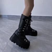 SP Botas Martin de Tacón de cuña para Mujer, BOTAS de cuero de Suela Gruesa De Tubo Medio Estilpunk with Remaches de gran tamaño para otoño E invierno. - details 6
