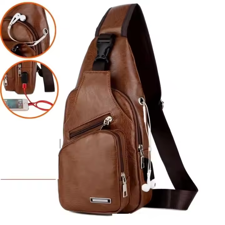 Nueva Bandolera Para Hombre Con USB Gran Capacidad De Carga Portátil Deportes Al Aire Libre Bandolera Diagonal PU Con Cierre De Cremallera - 1