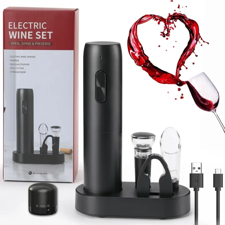 Sacacorcho Electrico recargable Juego de regalo, Abridor de vino Electrico WITH BASE DE Carga,Tapón de vacío de silicona - 1