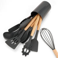 Juego de Herramientas de Cocina de Silicona de 12 Piezas Cuchara, Escova de Sopa, Cuchara de Madera Antideslizante con Cubo de Almacenamiento - details 3