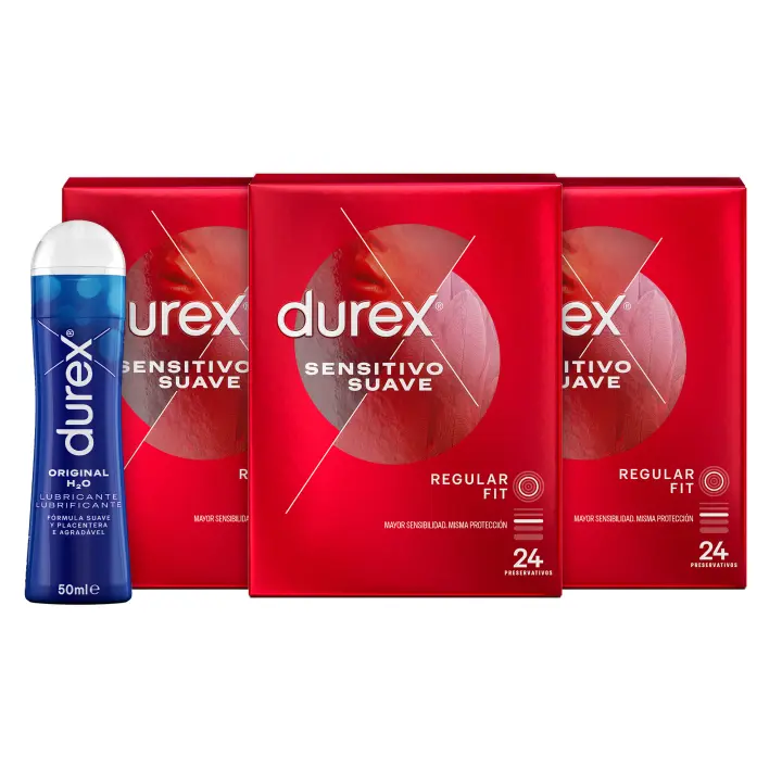 Durex - Condones Sensitivo Suave + Lubricante Original H2O 50 ml, Pack de 72 Preservativos para Sexo Seguro. Perímetro Regular, Grosor Fino. 6 Cajitas - 1