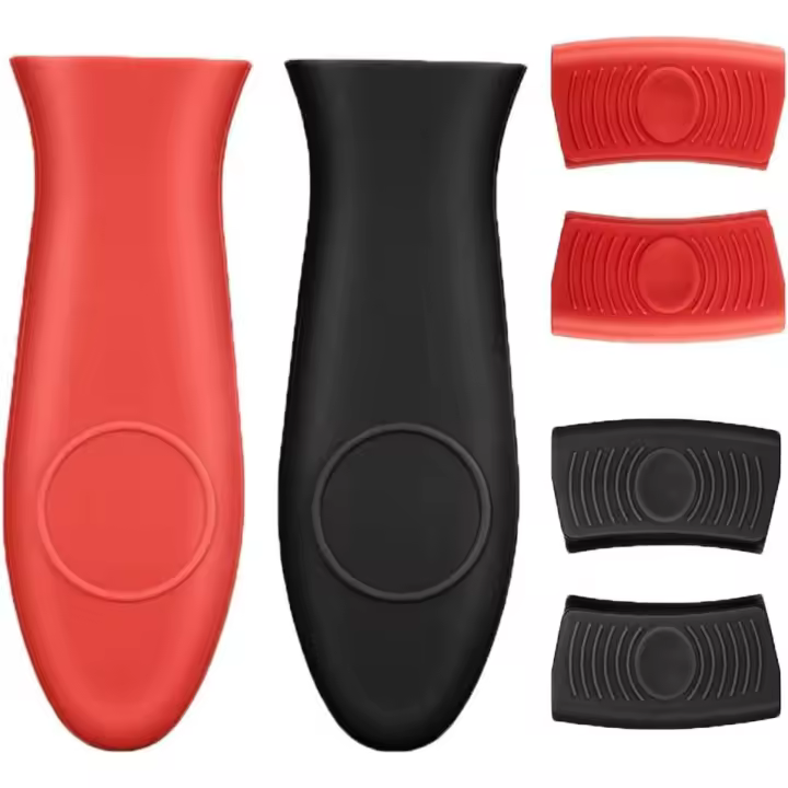 Soporte de mango caliente de silicona, 6 piezas de mango de olla engrosada Soporte de mango de silicona antiescaldante para hierro fundido Wks Ollas de horno y sartenes Fry Grill (rojo, negro) - 1