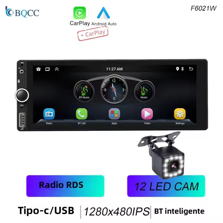 BQCC 1 Din Radio De Coche Con Pantalla IPS De 6.86 Pulgadas Android Auto Wireless Carplay RDS USB BT Carga Rápida Protección De Energía Tipo-C Estéreo - 1