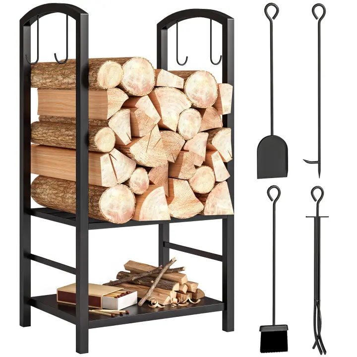 Outsunny Estante de Leña para chimenea Soporte para Leña de 2 Niveles Leñero Exterior e Interior Metálico con 4 Herramientas para Chimenea Carga Máx.100 kg 40x30x74,5 cm Negro - 1