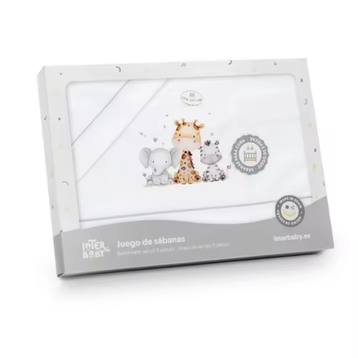Sábanas Minicuna 100% Algodón  50X80 (bajera+encimera+funda almohada) Modelo  Jirafa Elefante Interbaby - 1