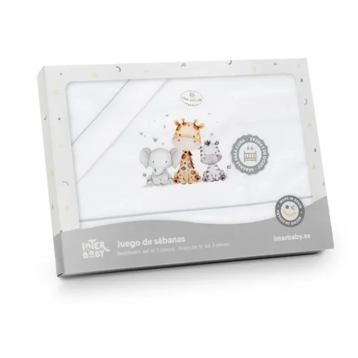Sábanas Minicuna 100% Algodón  50X80 (bajera+encimera+funda almohada) Modelo  Jirafa Elefante Interbaby - 1