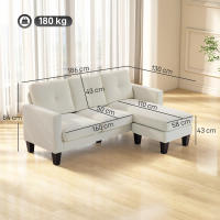 HOMCOM Sofá Chaise Longue Reversible, Sofá de 3 Plazas en Forma de L, Tapizado en Chenilla, Asiento y Respaldo Acolchados, Estructura de Acero, 186x130x84 cm, Crema - details 2
