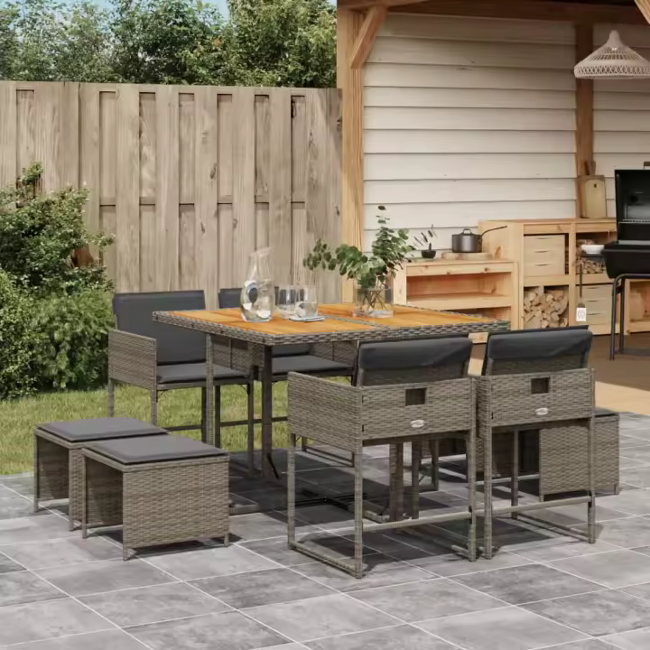 vidaXL Set comedor jardín 9 pzas y cojines ratán sintético gris - 1