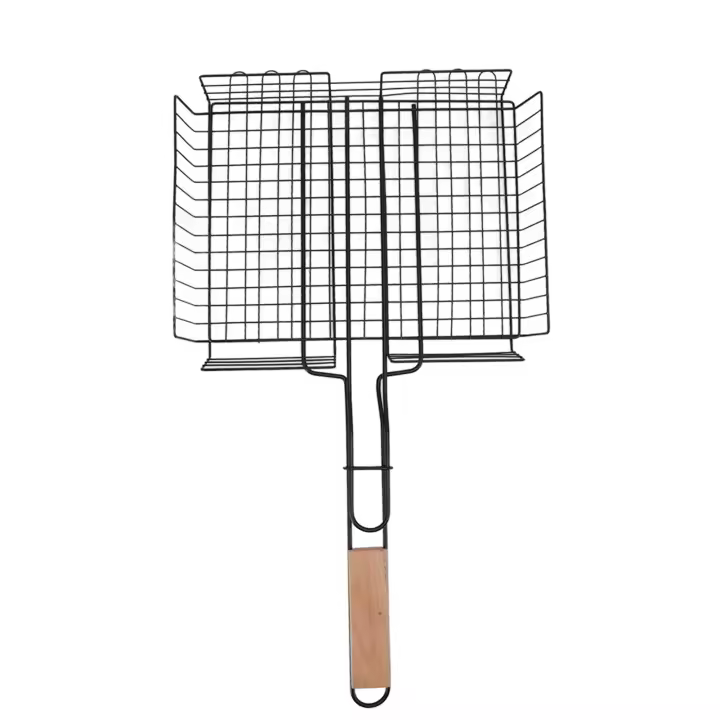 Cesta para asar barbacoa, hierro antiadherente con mango de haya, parrilla para pescado, rejilla para parrilla de pescado, estante de malla para acampar al aire libre - 1