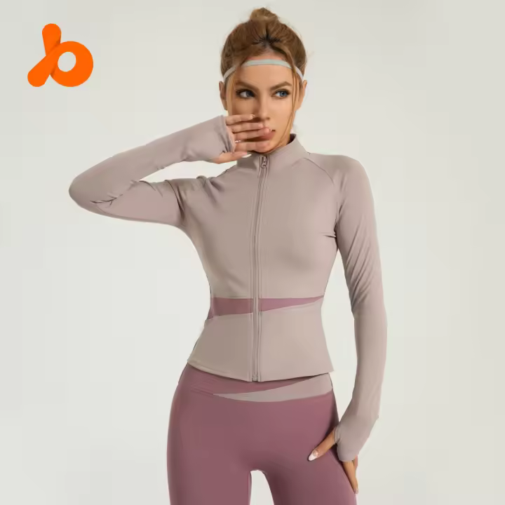 MOV-Chaqueta de yoga con bloques de color melocotón, top deportivo color carne, cuello alto, ropa deportiva adelgazante, transpirable y que deja al descubierto el ombligo para mujer - 1