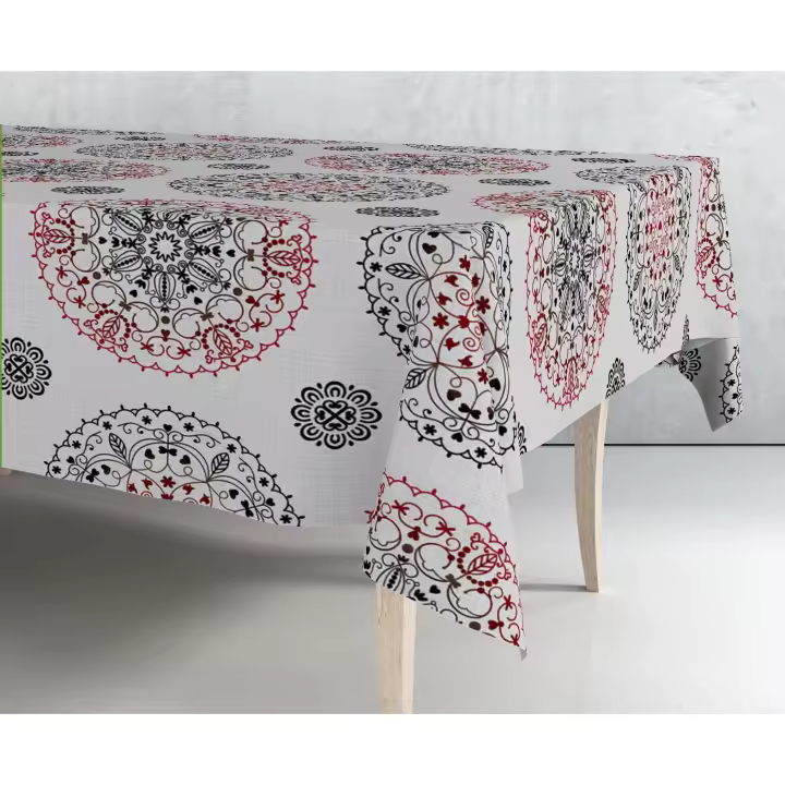 Mantel de hule estampado por metros - Mandalas rosetones gris rojo 43319-2    mantel por metros; manteles; mantel barato; mantel jardín - 1