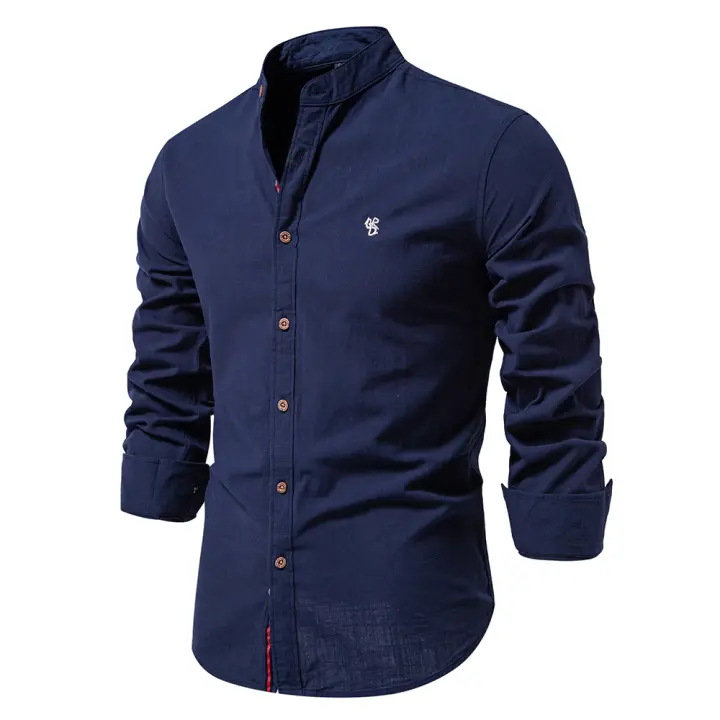 Camisa De Algodón AIOPESON Para Hombre Estilo Casual De Cuello En V Manga Larga Color Sólido Calidad Superior Primavera Y Verano - 1
