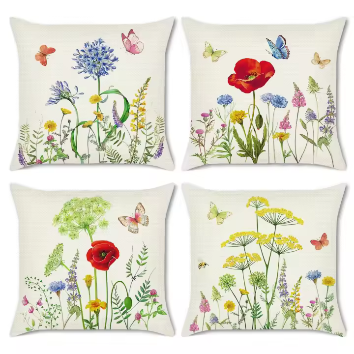 Juego de 4 Fundas de Cojín Flores 45x45 cm Doble Cara Mariposa Jardín Poliéster Lino Funda de Cojín Decorative Fundas de Cojín Decorativas - 1
