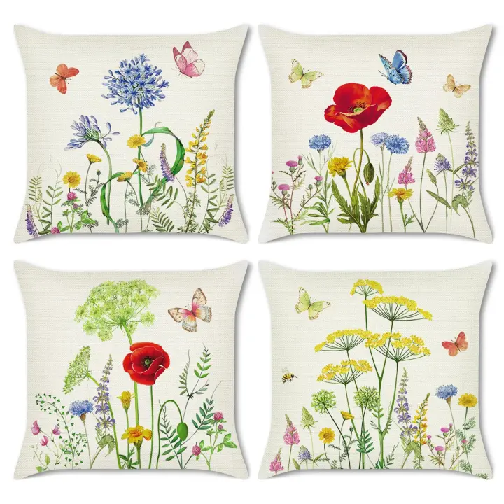 Juego de 4 Fundas de Cojín Flores 45x45 cm Doble Cara Mariposa Jardín Poliéster Lino Funda de Cojín Decorative Fundas de Cojín Decorativas - 1