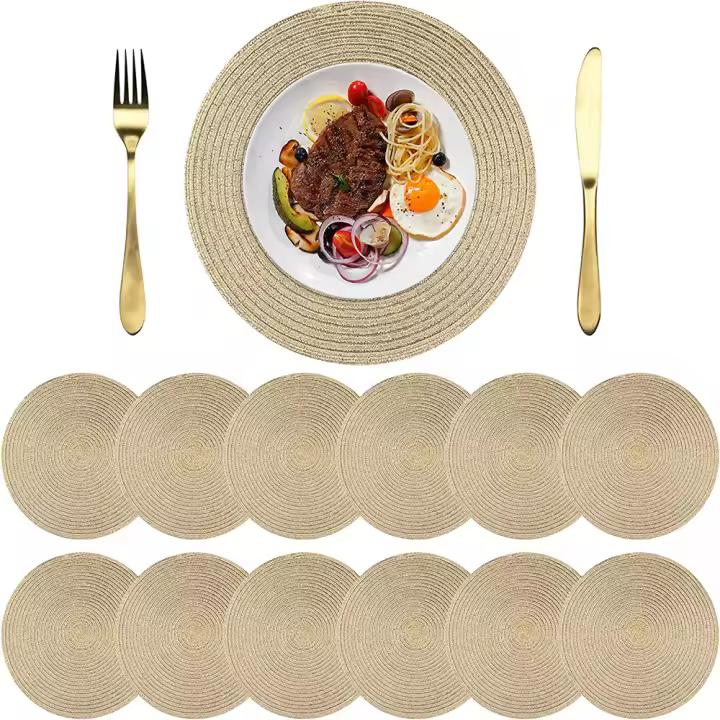 Juego de 12 manteles individuales trenzados dorados redondos lavables - 38 cm - 1
