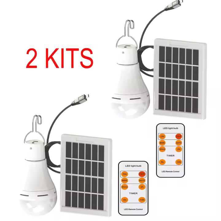 2 KITS Bombillas Solares LED 12W Recargables Placa Solar USB Mando a Distancia CE Campo Casa Jardín - 1