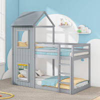 90*200cm Litera, Cama Infantil, Cama en dormitorio Masculino y Femenino, Con Escalera y Techo, de pie a Tierra, Madera masiva, Gris - details 0