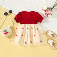Vestido De Fiesta Para Bebé Niña Verano Con Bordado De Piña Y Lazo En Malla Con Mangas Burbuja Estilo Coreano Vestido De Cotton Y Poliéster - details 3