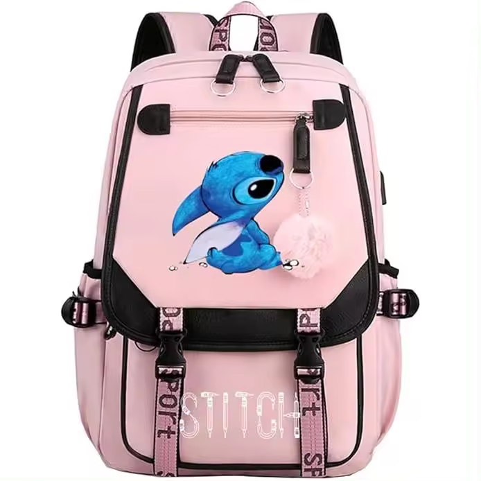 Mochila Escolar Stitch Negra con Detalles Rosas 45x30x19 cm – Mochila Grande para Niñas, Niños, Mujeres y Hombres, Resistente y Cómoda, Puerto USB y Salida de Auriculares, Ideal para Viaje y Universidad - 1