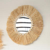 Espejo Decorativo Boho De Madera Con Tejido De Raffia Y Bola De Hilo Pequeña Decoración Para El Hogar Y Sala De Estar Estilo Forestal - details 1