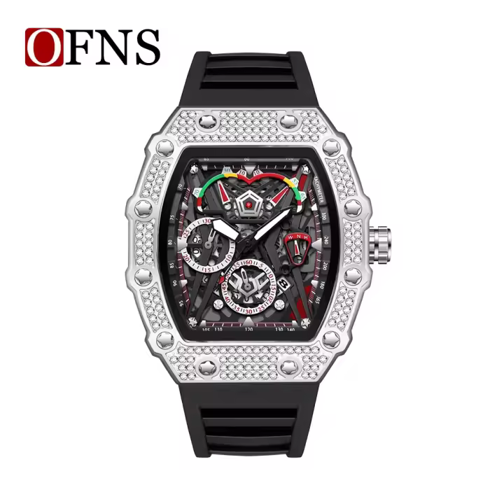 Reloj De Cuarzo Para Hombre OFNS 7105 Creativo Hueco Con Luz Nocturna Y Calendario Resistente Al Choque Y Agua Bandeja De Silicona Estilo Casual - 1