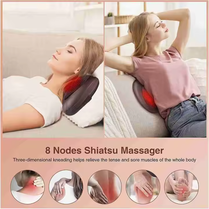 Almalux® Cojín Masajeador Shiatsu 4D con Calor 8 Nodos Masaje Cervical Espalda Coche y Hogar Portátil Viaje Relajante - 1