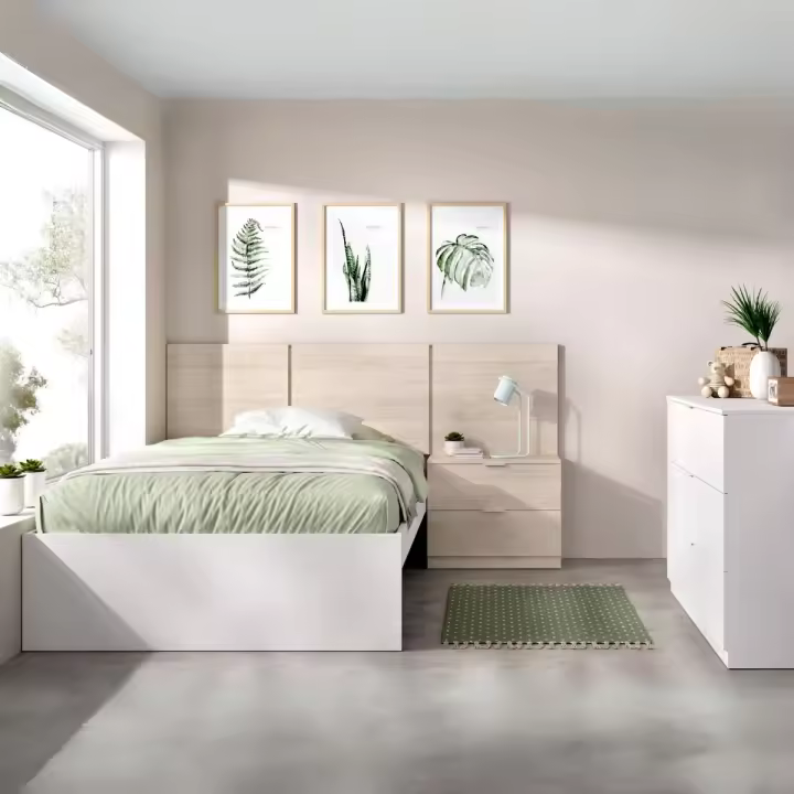 Conjunto de dormitorio Bito Pack 2 cabecero + mesita + aro + cómoda natural/blanco - 1