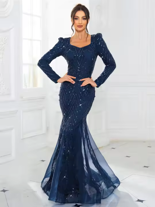 Vestido De Noche Maxi De Encaje Con Lentejuelas Fishtail Verde Azul Elegante Con Escote En V Manga Larga Patchwork Organza Para Fiesta Y Premios - 1