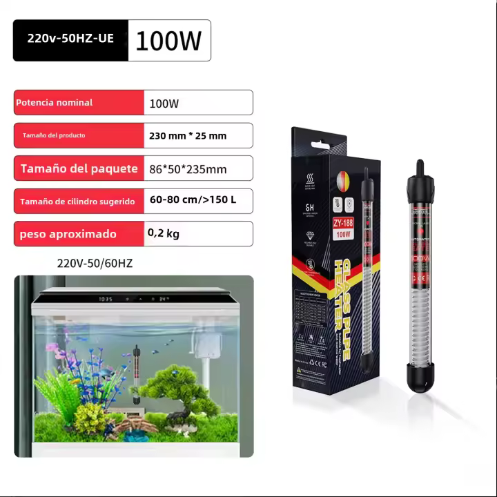 Calentador De Agua Ajustable Para Acuario 100W Submersible Con Thermostato De Temperatura 220V-50HZ Enchufe EU Para Tanque De Peces - 1