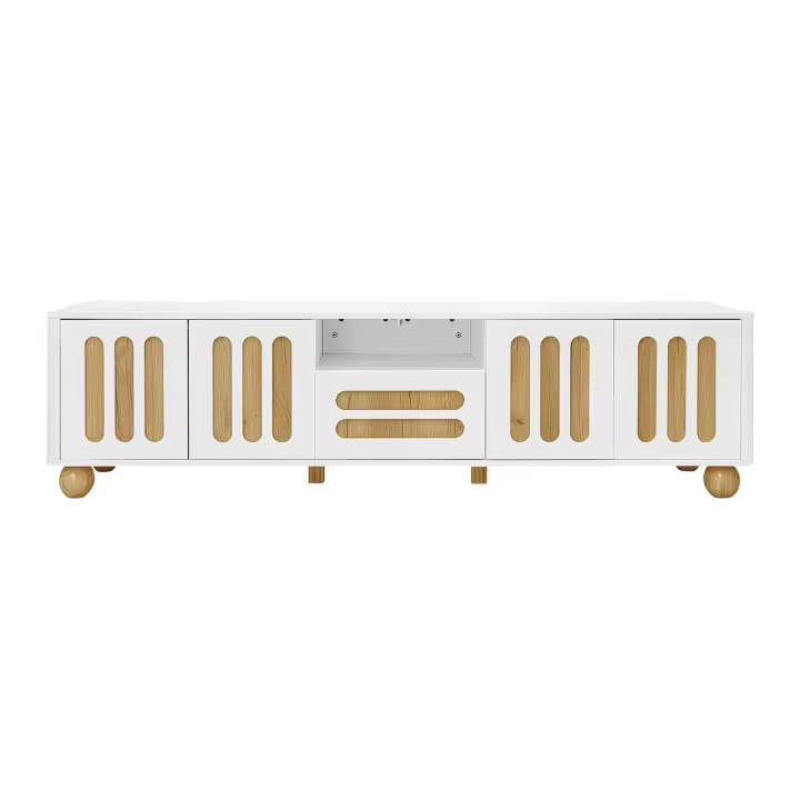 Soporte de TV moderno 180x40x47 cm-Cuadro Blanco y Madera, con 4 Puertas, 1 caja y Luz LED - Esquinas redondo, Petas esféricas1, material de almacenamiento múltiple - 1