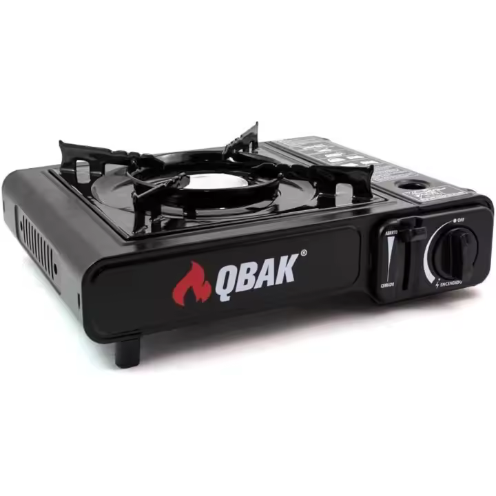 Camping gas, Hornillo de Gas Portátil QBAK con Encendido Automático – Cocina de Camping con Cartucho de Gas Butano – Estufa Compacta, Potente y Segura para Camping, Excursiones, Playa o Caravanas – Color Negro – Incluye Maletín de Transporte - 1