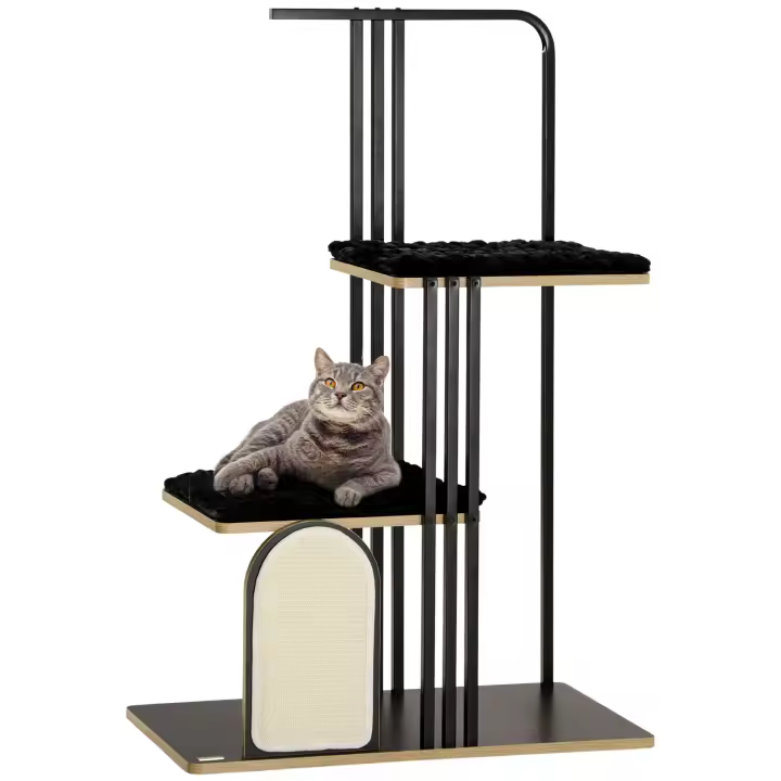 PawHut Rascador para Gatos de 128 cm con Cojín, Árbol Trepador con Tabla Rascadora, Rascador para Gatos con 2 Plataformas, Muebles para Gatos, Acero, Negro - 1