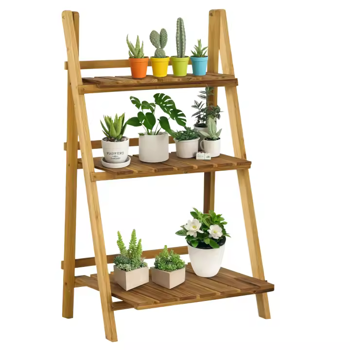 Outsunny Soporte para Plantas de Madera de 3 Niveles, Estantería para Plantas Plegable con Base de Listones, Soporte para Macetas para Interior y Exterior, Terraza, Jardín, 60x37x93 cm, Carbonizado - 1