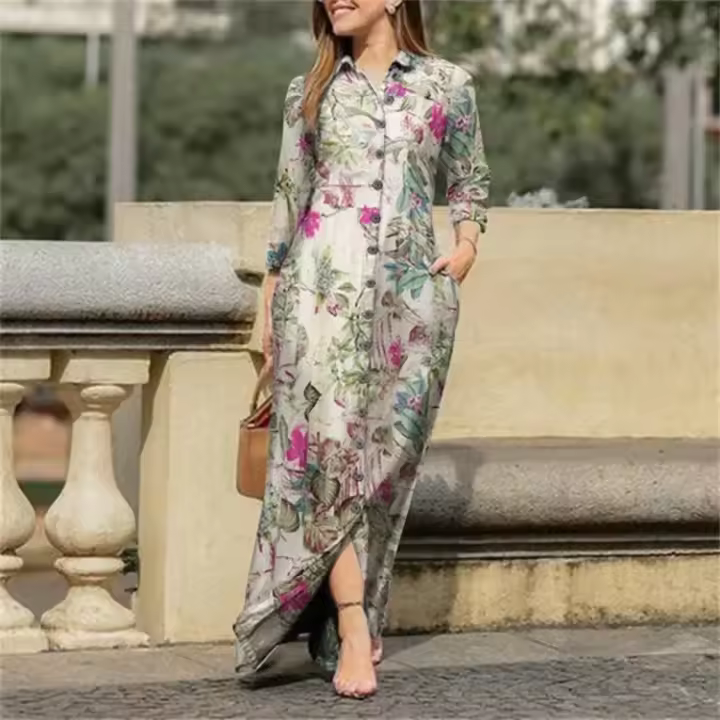 Camisa De Botones Para Mujer Estilo Largo Casual Floral Impresión De Algodón Robe De Lujo S-5XL Cuello En V Manga Larga - 1