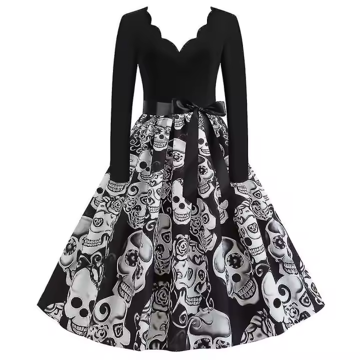 Vestido de fiesta de Halloween de calabaza Rockabilly para mujer, vestidos de patinadora Hepburn con cuello en V, años 50, c - 1