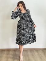 Vestido Midi De Mujer Casual Primavera Otoño Largo Manga Cuello Abierto Floral Impresión A-Line Vestido De Chiffón Con Cintura Elástica Y Cremallera En La Cintura - details 9