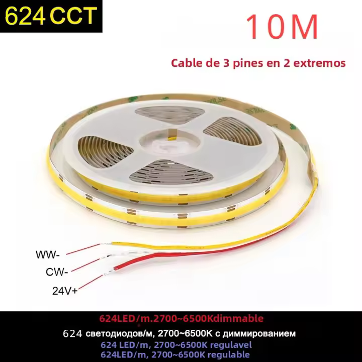 Tira De Luz LED COB CCT De 10M 624 LEDs/m Alta Densidad Flexible 5mm Luces Lineales Dimmables 3 Cables DC24V 2700K a 6500K Para Sala De Estar - 1