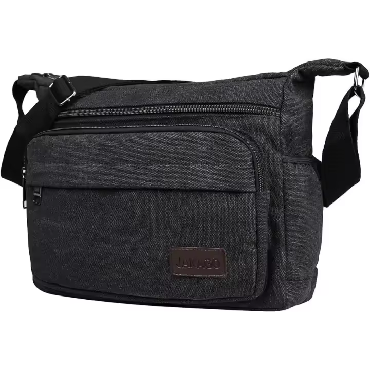 Bolso bandolera impermeable de Lona con múltiples bolsos para hombre, ideal para Actividades al Aire Libre, Peach, camping, senderismo, Viajes, Trabajo, use Diary (Negro) - 1