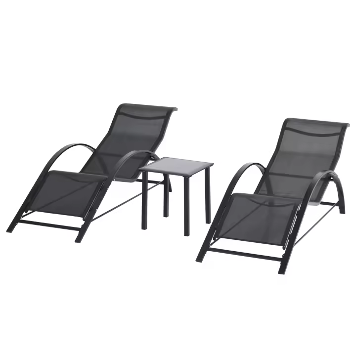 Outsunny 2 Tumbonas de Jardín 59x169x66 cm con Mesa de Café 41x41x45 cm de Vidrio Templado Reposabrazos para Patio Piscina Terraza Aire - 1