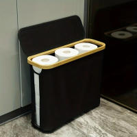 Cesta De Almacenamiento Grande Con Estante Y Porta Papel De 12 Rolls De Tissue Cubierta De Tela Oxford Y Bamboo - details 3